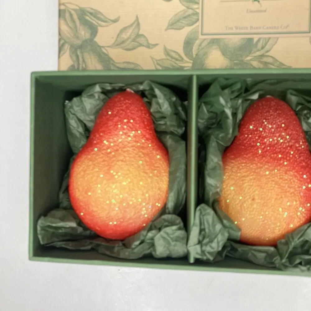 3 Holiday Fruits SUGARED PEAR CANDLES Unscented The White Barn Candle Co. In Box